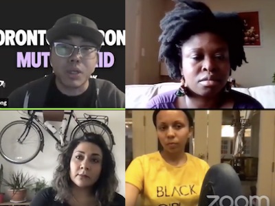 Four faces in a video conference call.